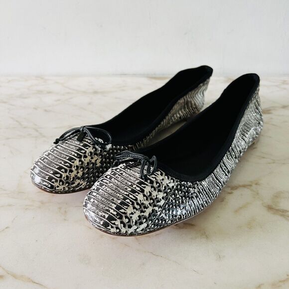 COACH Flatiron Black White Leather Snake Animal Print Ballerina Flats - US 10 - Picture 1 of 8